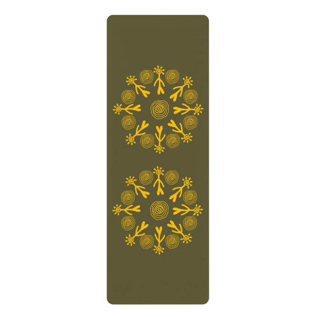 Golden Floral Mandala Rubber Yoga Mat | Olive Green Pattern