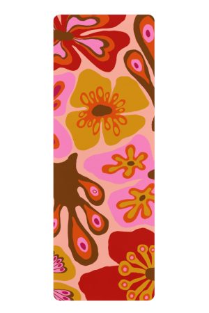 Retro Floral Pattern Rubber Yoga Mat | Pink Orange Brown Blossom Design