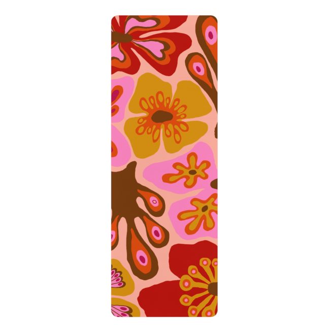 Retro Floral Pattern Rubber Yoga Mat | Pink Orange Brown Blossom Design